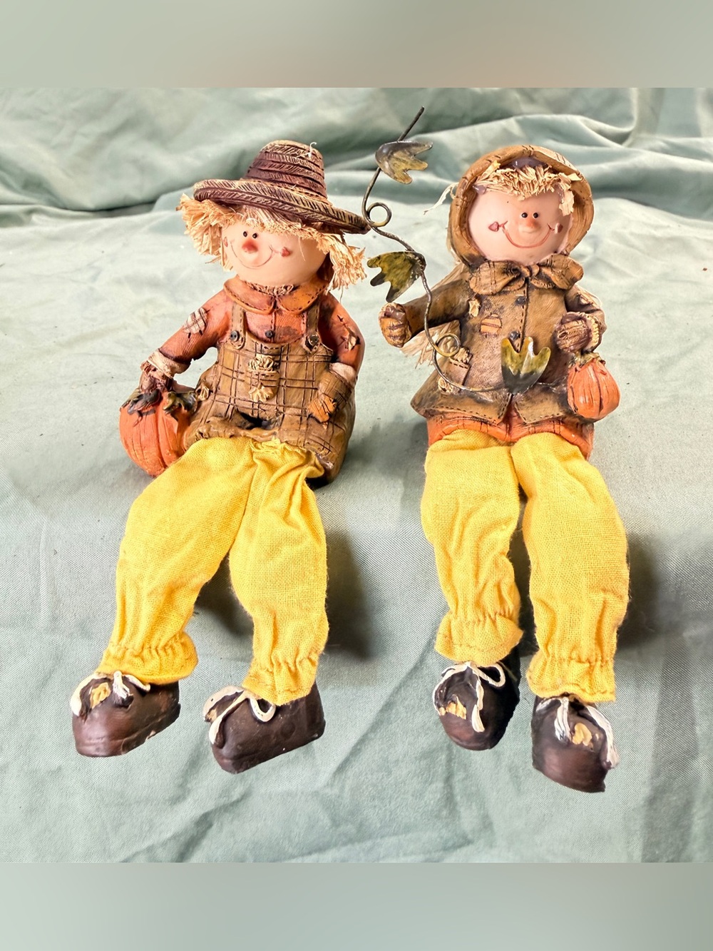 Vintage Fall Harvest Scarecrow Shelf Sitters Set of 2 Boy & Girl Dangle Legs